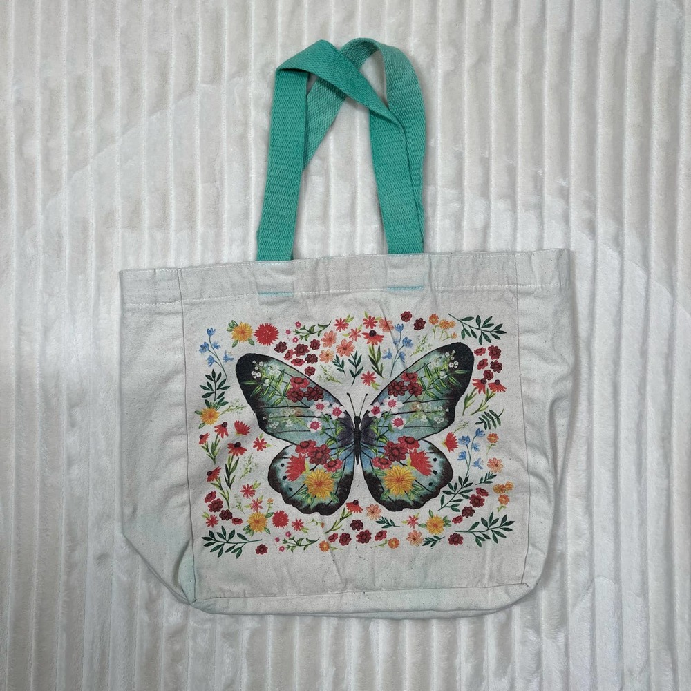 Butterfly Flower Floral Colorful Print Canvas Single Compartment Tote Bag - Picture 5 of 6